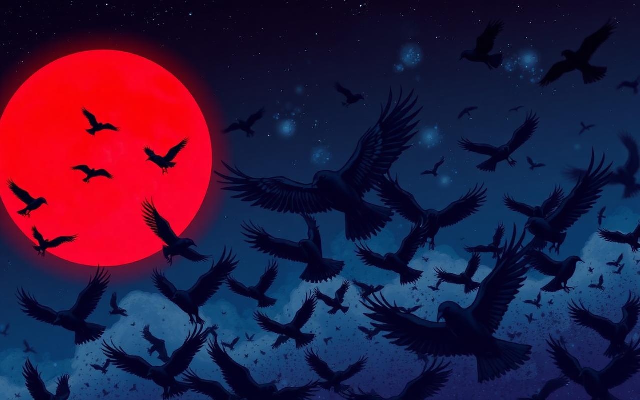 A murder of crows scattering into a dark sky