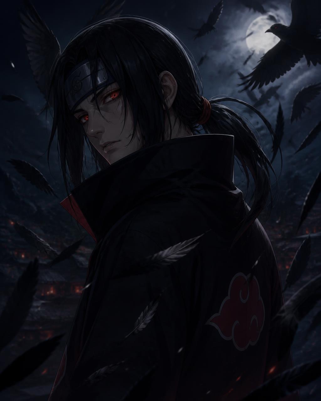 Illustrated portrait of Itachi Uchiha under a moonlit sky surrounded by crows