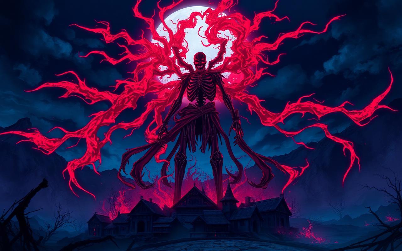 Towering spectral warrior wreathed in crimson energy above a village at night